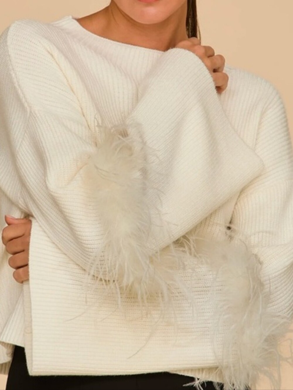 The Noli Shop Bella Feather Trim Sweater Pearl White Size Medium - Picture 2 of 10